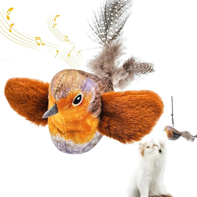 Chirping Bird Cat Toys Hanging Cat Feather Toy - Catnip Interactive Cat Toys for Indoor Cats - Automatic Cat Toy for Cat Exercise & Kicker to Self Play (Gray)