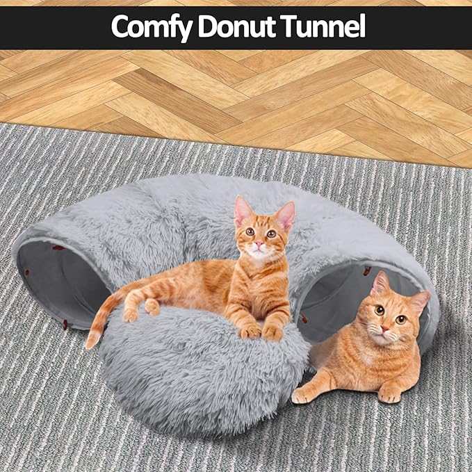 Cat Tunnel Bed with Central Mat, Soft Fluffy Plush Cat Tube Playground Toys, Collapsible Multi-Combinations Donut Circle Tunnel for Indoor Cat Kitten Kitty Puppy Rabbit Ferret (Gray)