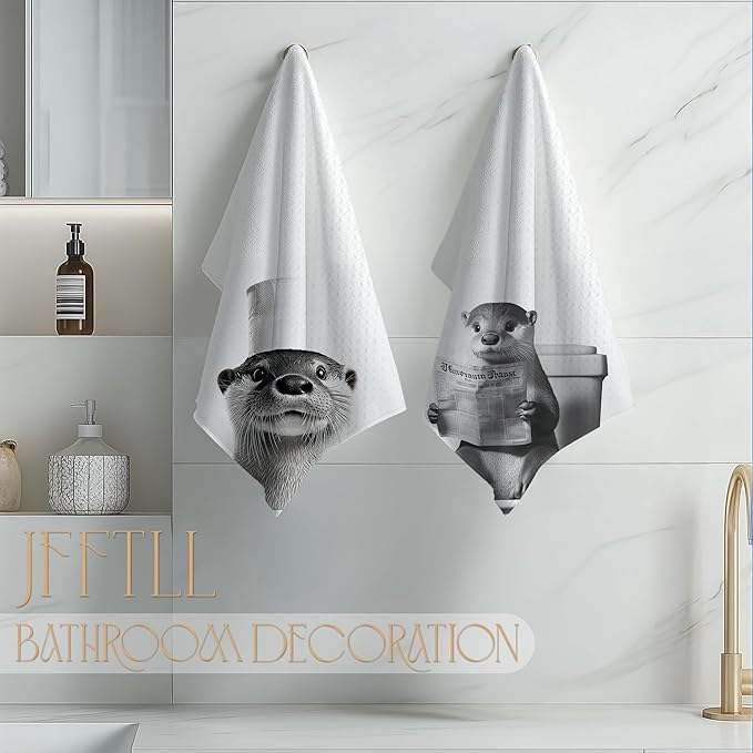 Funny Toilet Newspaper Otter Bathroom Hand Towels, Gifts for Women Men Otter Lovers Hand Towels for Bathroom Washroom Restroom Decor, 16x24 Inch Set of 2