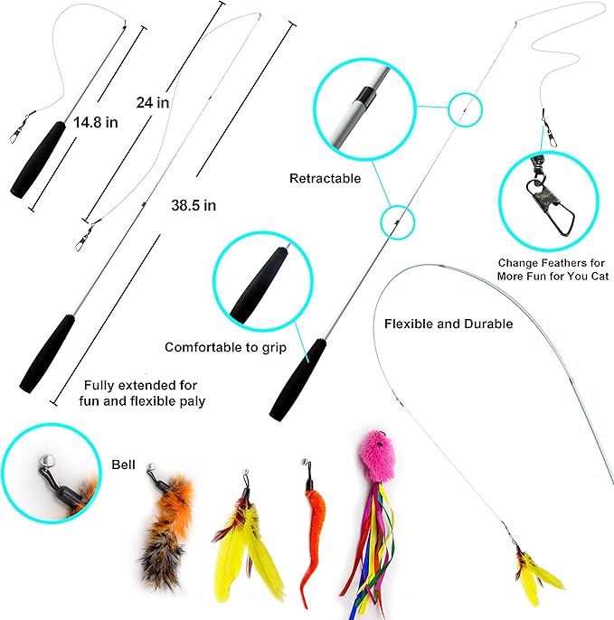 Youngever 12 Pieces Cat Toys Teasing Feather Toy, Retractable Wand with Assorted Teaser Refills, Interactive Feather Teaser Wand Toy Bell Kitten Cat Having Fun Exerciser Playing