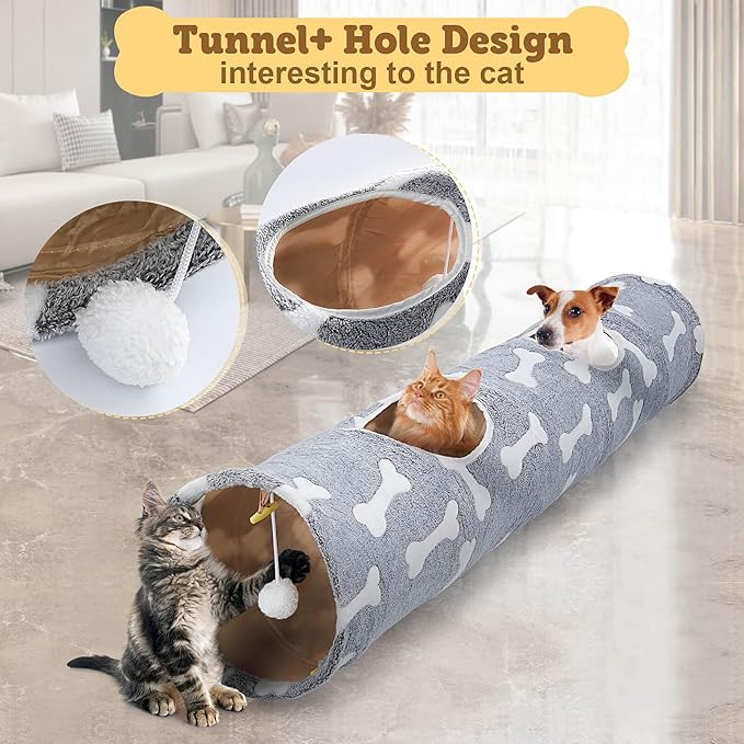 Cat Tunnel - 10‘’ Large Collapsible Cat Tunnels for Indoor Cats, Kittens, Rabbits, Ferret - Bone