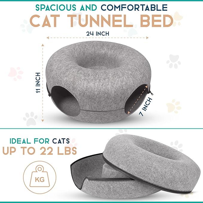 DMMC Cat Tunnel Bed, Detachable Donut Cave for Indoor Cats, Peekaboo Nest Donut for Large Cats, Hideaway Cave 2 Toys & 1 Hair Remover Brush - Washable Pet Tunnel Bed Scratch Resistant (24" Light Grey)
