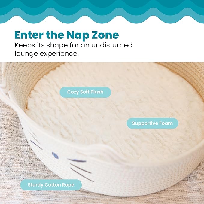 Catstages Bed & Basket Retreat 2-in-1 Cat Bed with Removable Cushion, Plush, Cotton Rope, White