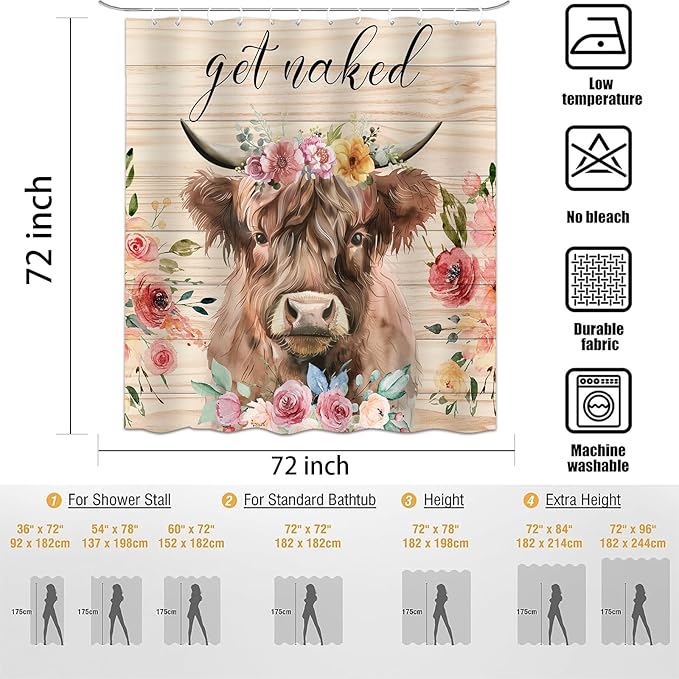Highland Cow Shower Curtain, Get Naked Funny Animal Flower Bathroom Curtain, Floral Shower Curtain Set Polyester Waterproof Bath Curtian Accessory Set 12 Hooks 72x72 inch