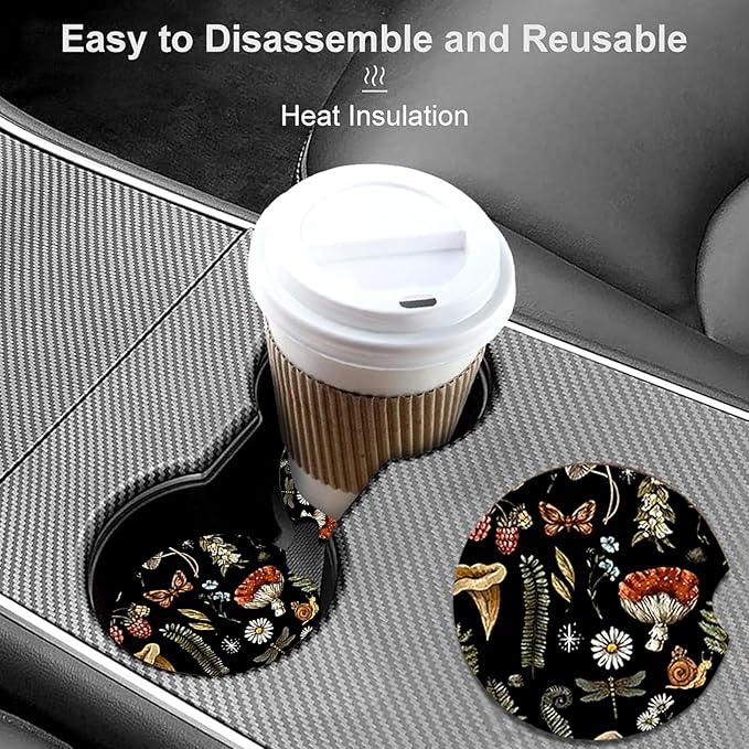 Car Coasters for Cup Holders,2 Pack Mushroom Car Coasters,2.75" Universal Size Anti Slip Rubber Mat,Automotive Cup Holder Decal Decor Accessories,Mushroom Gifts for Women,Men,Mom