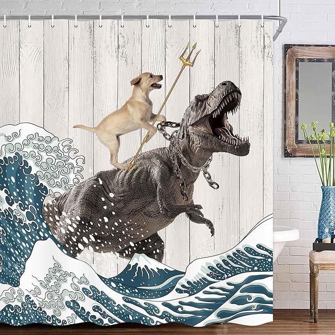 Boziqr Funny Dog Shower Curtain, Japanese Ocean Wave Dinosaur Rustic Barn Door Decor Fabric Bathroom Curtains Set, Cute Animal Kids Polyester Fabric Waterproof, 70 X 84 Inches