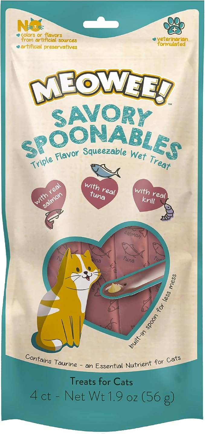 Savory Spoonables with Real Salmon, Tuna & Krill, 4 Count Tube, Triple Flavor Squeezable Lickable Wet Treats for Cats with Built-in Spoon for Less Mess