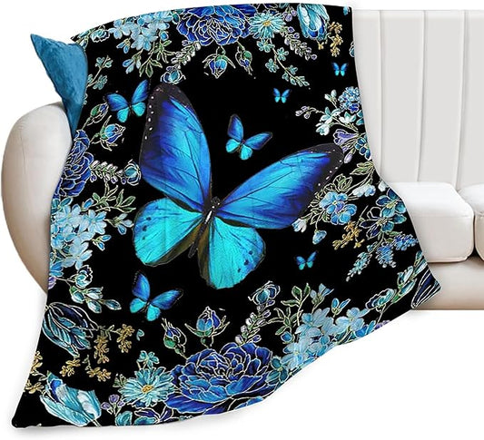 Butterfly Blanket Blue Butterflies Decor Throw Blanket Super Warm Soft Plush Fleece Flannel Beautiful Butterfly Flowers Blanket Gifts for Girls Boys Winter Couch Bedding for Baby Kids Women 50"X60"
