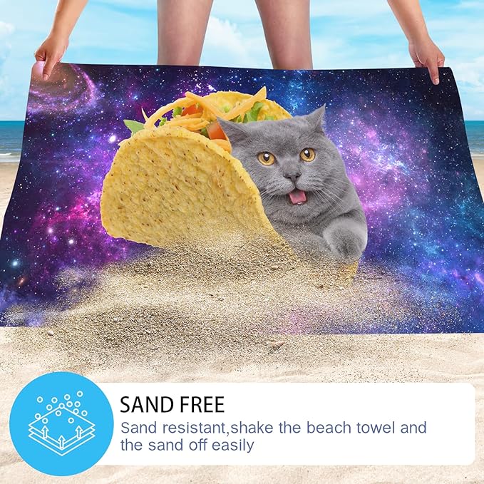 WZOMT Microfiber Cat Beach Towel, Cute Space Taco Cat Kitty Purple Galaxy Bath Towels, Cats Towels for Cats Lovers, Funny Quick Dry Sandproof Pool/Swim/Surfing Towel, Oversized 32x52 Inch