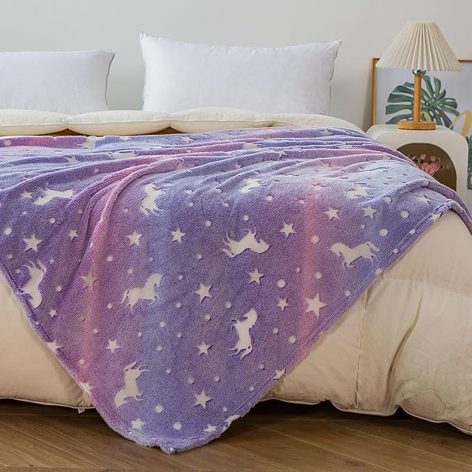 Glow in The Dark Unicorn Blanket, Girls Blanket for Age 3 4 5 6 7 8 9 10 11 12 Year Old, Gifts for Birthday, Valentines Day, Christmas, Bedroom Decor 50 x 60 Inch, Purple