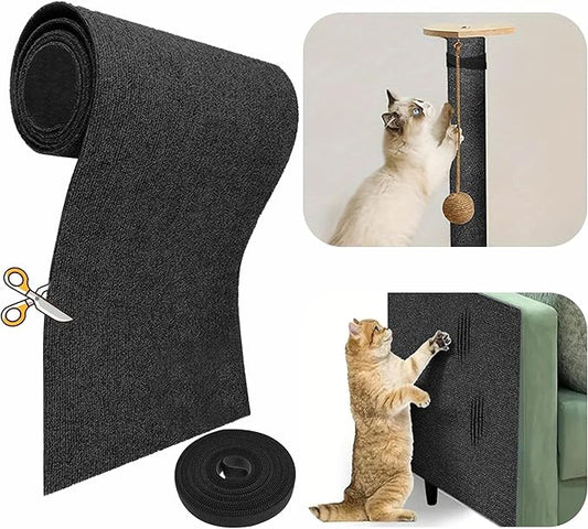 118”x15.8” Trimmable Cat Scratching Post Carpet Cover Cat Scratcher Mat Self-Adhesive Cat Tree Shelves Replacement Parts Mat Cat Scratcher Couch Furniture Protector for Indoor Cats (Black)