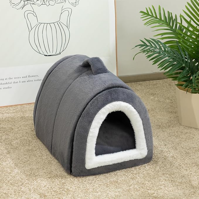 Hollypet Fluffy Cat Bed, 2 in 1 Foldable Cave House Animal Shaped Nest Pet Sleeping Bed, Deep Gray