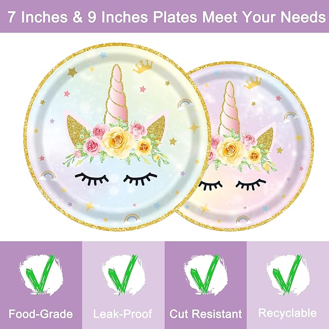 96 Pcs Birthday Plates and Napkins Party Supplies, Gold Horned Horse Disposable Forks Paper Dessert Tableware Decorations Table Dinnerware Favors Set, Serves 24