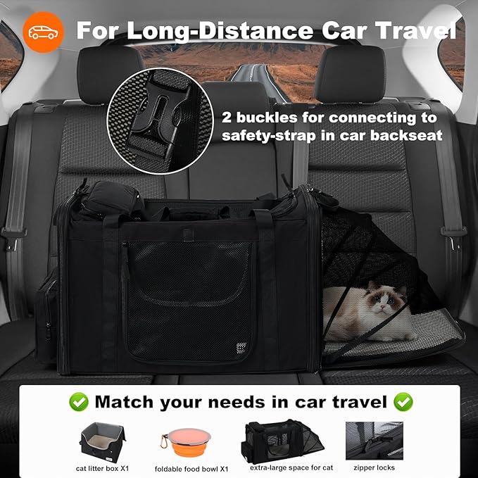 25''(L) x 17''(W) x 17''(H) Extra-Large Expandable cat Carrier for car Travel,with a Leakproof Portable Tall-Side Litter Box and Foldable Food Bowl(Black)
