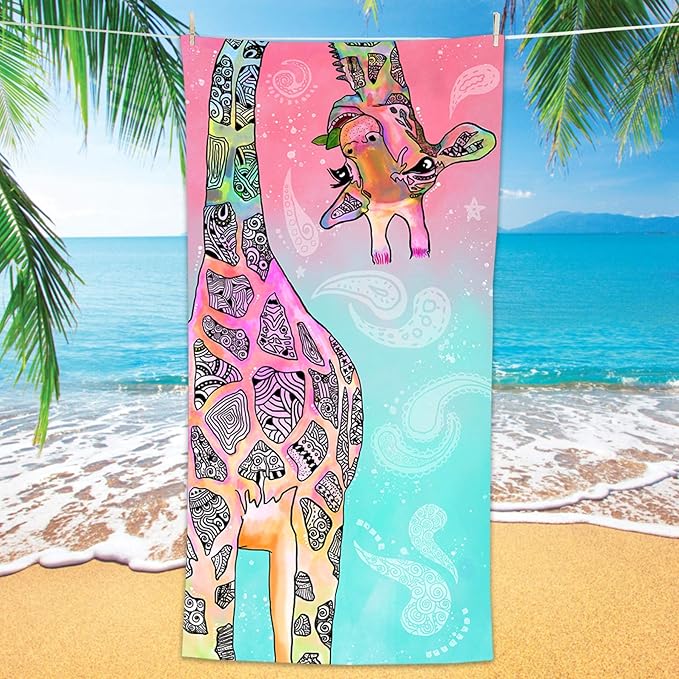 Bonsai Tree Giraffe Beach Towel, Cute Funny Teal Pink Mandala Giraffe Microfiber Bath Towel Gifts for Kids Women, Colorful Abstract Trippy Sand Free Quick Dry Travel Towels for Yoga Sports 30" x 60"