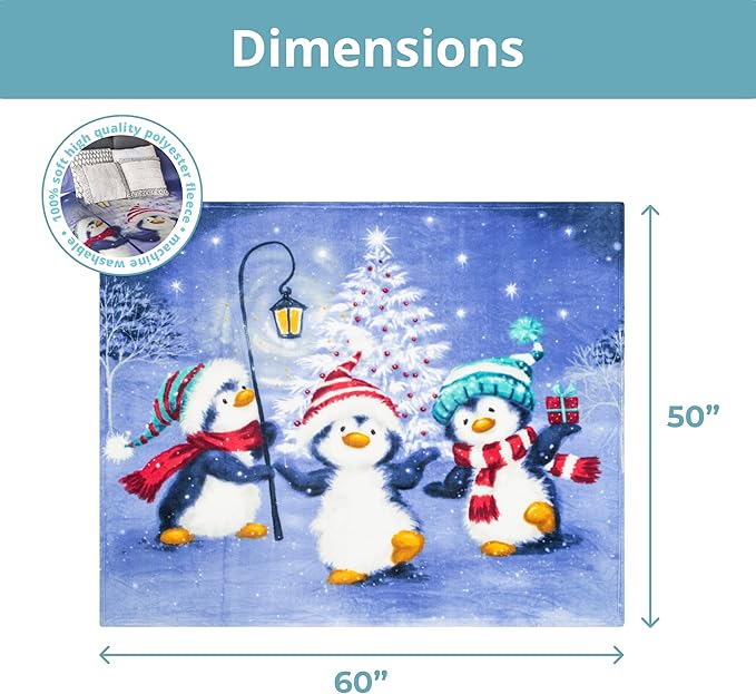 Dawhud Direct Christmas Fleece Blanket for Bed, 50" x 60" Cute Penguin Fleece Throw Blanket for Kids and Adults - Super Soft Plush Christmas Blanket Throw