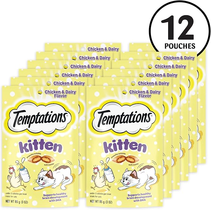 Temptations Kitten Crunchy and Soft Treats Chicken and Dairy Flavor, 3 oz. Pouch, (Pack of 12)