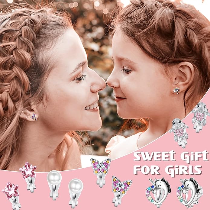 BESTEEL 12 Pairs Clip on Earrings for Women Cute CZ Cat Pearl Star Heart Turtle Butterfly Clip Earring Hypoallergenic Fake Clip-on Stud Non Pierced Earrings Set Multicolored Silver