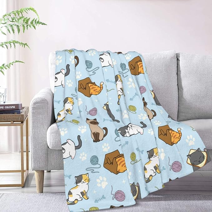 Soft Fluffy Cat Pattern Blanket, Cute Feline Design Cozy Throw Blanket for Adults Kids Pet,Lightweight Warm Plush Fleece Blanket for Couch Bed Sofa, for Cat Lovers 50"x40"