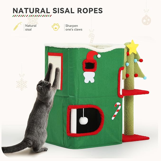 YITAHOME Christmas 2 Storey Cat House for Indoor Cats Bed, Covered Cat Beds & Furniture with Highway Cave, Scratch & Itching Post, Christmas Modern Cat Condo Furniture for Multi Small Cats