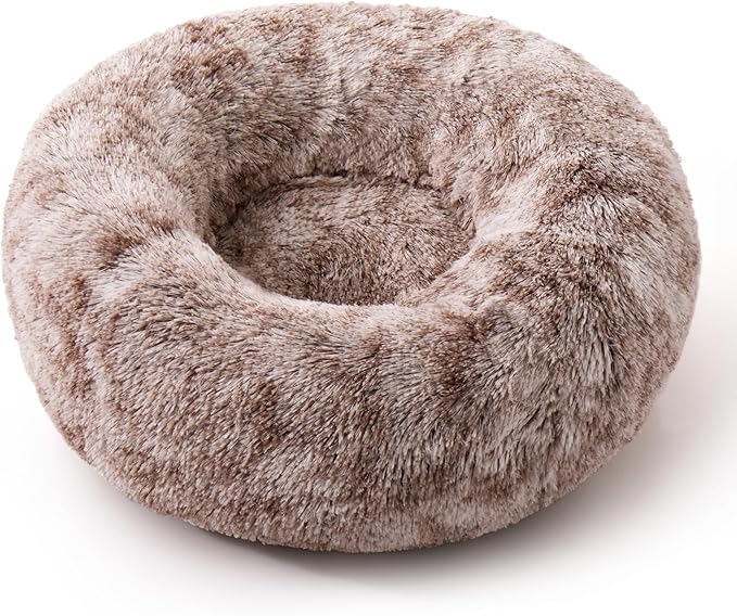 Round Donut Cat and Dog Cushion Bed, Pet Bed for Cats or Small Dogs, Anti-Slip & Water-Resistant Bottom, Super Soft Durable Fabric Pet Beds, Washable Luxury Cat & Dog Bed Brown White 19.7'