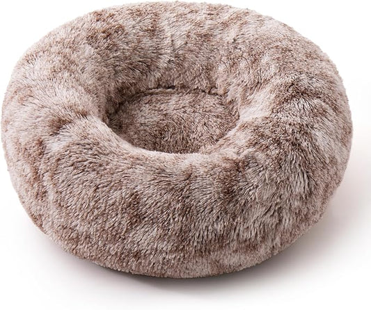 Round Donut Cat and Dog Cushion Bed, Pet Bed for Cats or Small Dogs, Anti-Slip & Water-Resistant Bottom, Super Soft Durable Fabric Pet Beds, Washable Luxury Cat & Dog Bed Brown White 19.7'