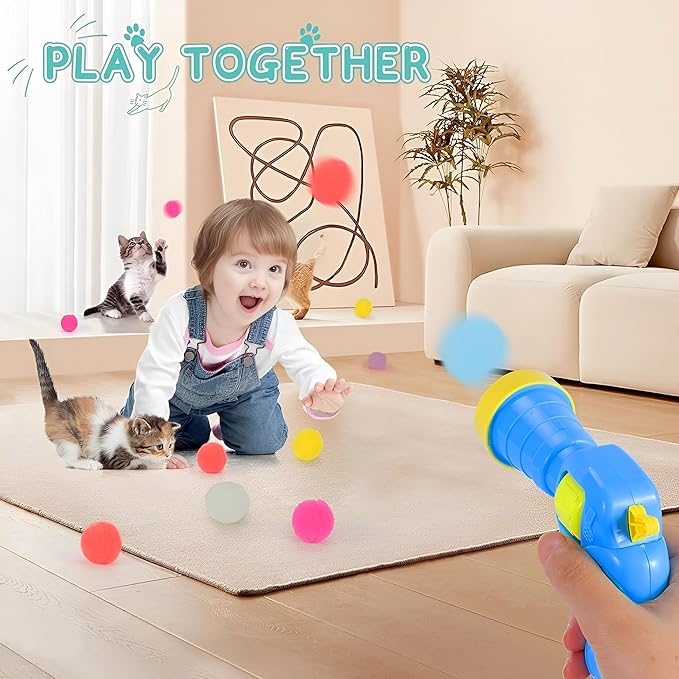 Cat Toy Ball Launcher 100Pcs Cat Toy Balls,Cat Interactive Toy DIY Set, Cat Toys Balls for Indoor Cats Kitten Toys, Pom Pom Balls with Launcher