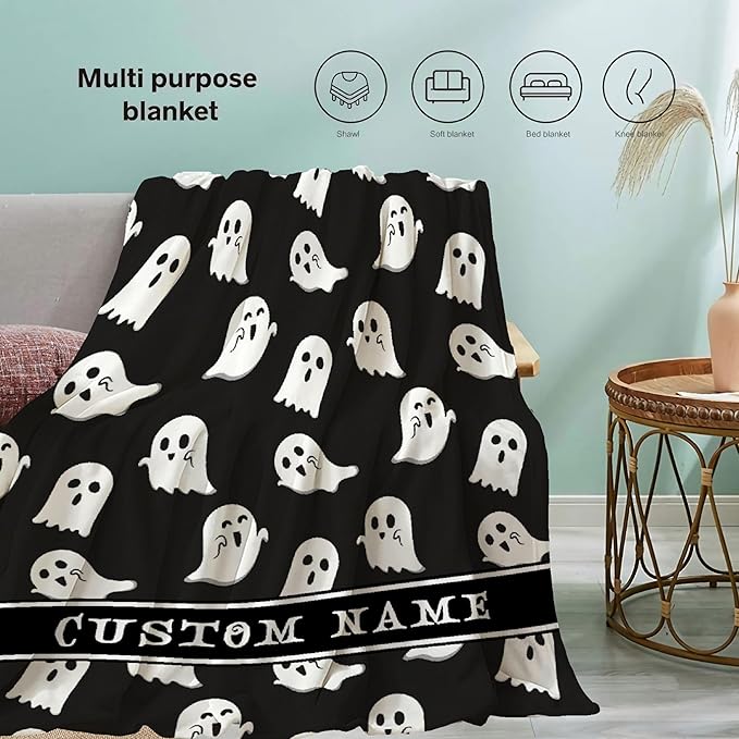 Cute Little Funny Ghost Custom Blanket Black Night Sky Spooky Personalized Throw Blankets Gifts for Girl Boy Flannel Fleece Halloween Customized Throw Blankets for Kids With Name Lap Sofa 50x40In