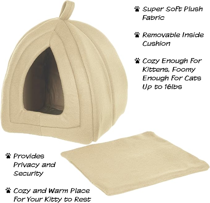 Cat House - Indoor Bed with Removable Foam Cushion - Pet Tent for Puppies, Rabbits, Guinea Pigs, Hedgehogs, and Other Small Animals by PETMAKER (Tan)