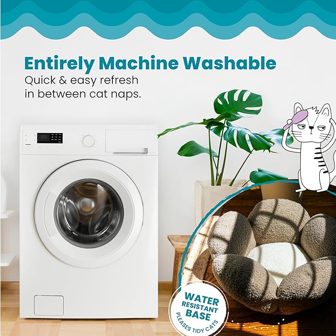 Catstages Purrfect Petals Washable Flower Shaped Round Cat Bed for Indoor Cats, Plush, Tan