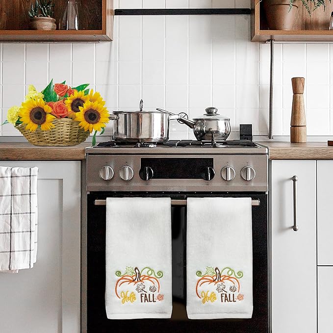 Hexagram Fall Hand Towels Set of 2, Hello Fall Bathroom Embroidered Towels, Pumpkin Hand Towel for Bathroom 14" x 30", Autumn Decorations for Home