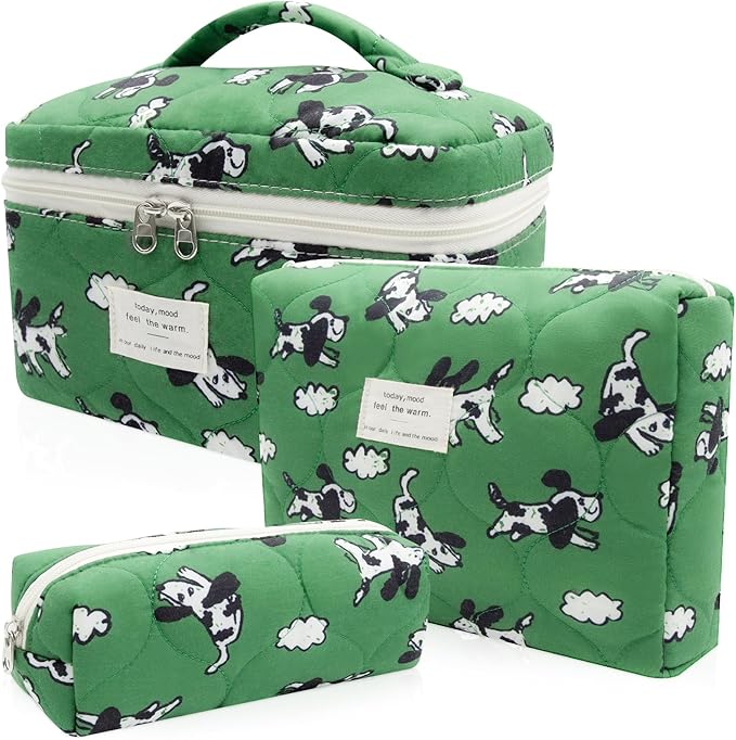 3pc Makeup Bag Set, Quilted Makeup Bag Set, Large Floral Cosmetic Bag for Women, Cute Cotton Makeup Bags, Flower Travel Toiletry Organizer Bag(Green Dog Print)