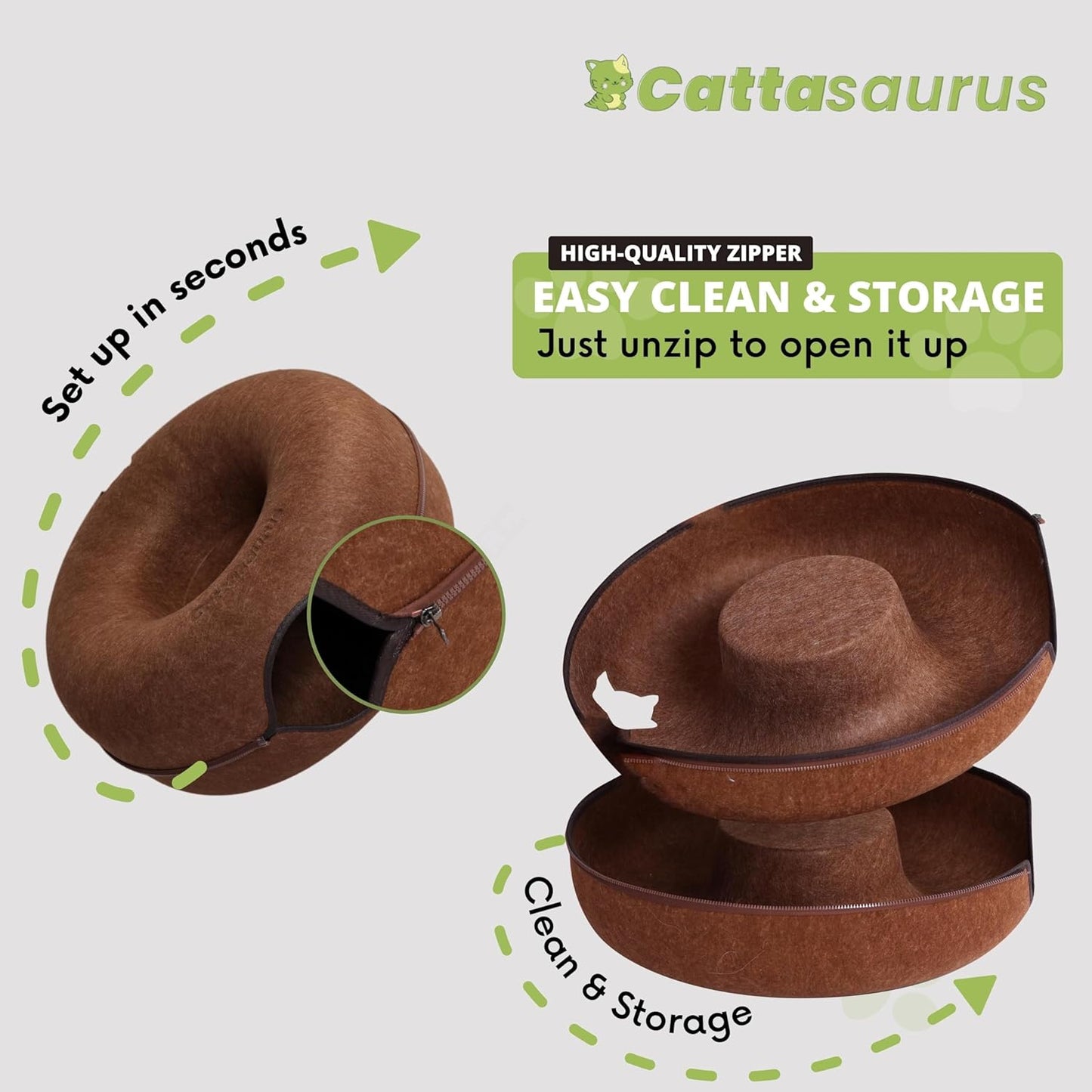 Cattasaurus Peekaboo Cat Cave for Multiple & Large Cats Up to 30-45 Lbs, Scratch Detachable & Washable Tunnel Bed, Comfy Donut Cat Cave (Brown, Large)