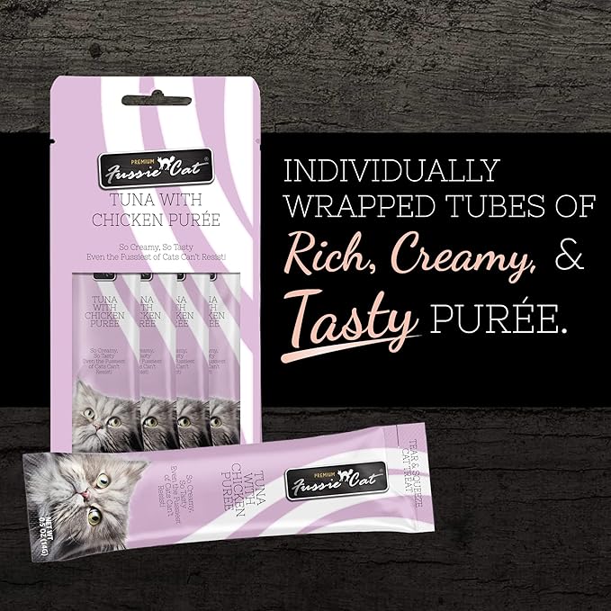 Fussie Cat Tuna with Chicken Puree, lickable cat treats, 0.5oz pouch pack of 4