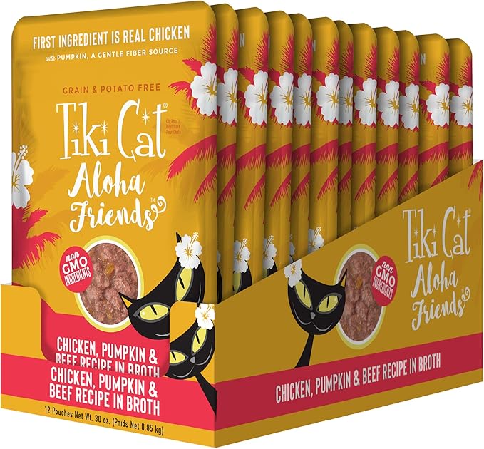 Tiki Cat Aloha Friends, Chicken, Pumpkin & Beef, Grain-Free & High Moisture, Wet Cat Food for All Life Stages 2.5 oz. Pouch (Pack of 12)