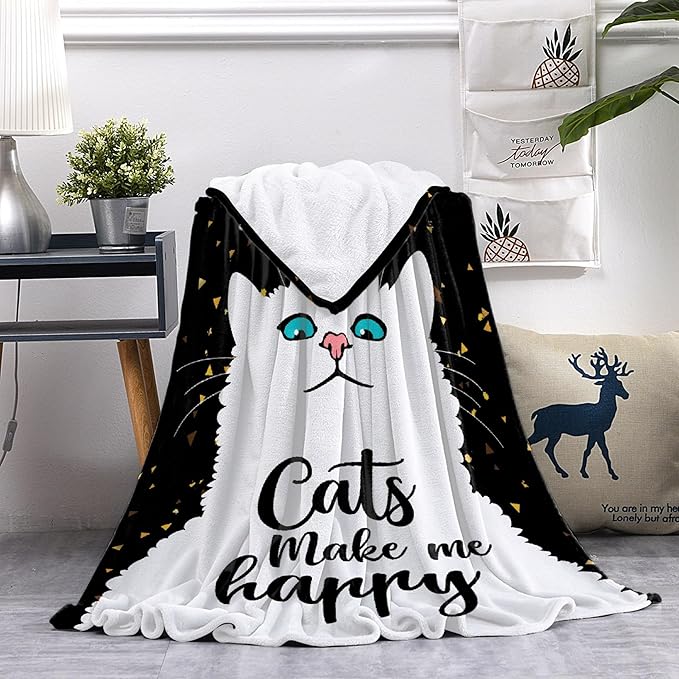 Cat Make Me Happy Throw Blanket Super Soft Cozy Black Cats Blanket for Kid Adult Women Men Cat Lovers Gift Cute Pet Cats Fleece Blanket for Couch Bed Sofa Chair Dorm Home Decor 60"x 50"Medium for Teen