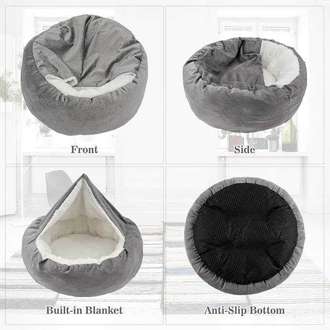 Dog Bed Warm with Hooded Blanket, Anti-Anxiety Puppy Pet Bed Cave Super Soft, Non-Slip Bottom, Machine Washable, Cozy Donut Indoor Pet Beds Fluffy for Dogs and Cats, Fits up to 33 lbs, 27.6 inch Grey