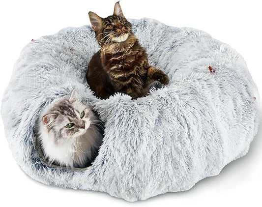 Cat Tunnel Bed for Indoor Cats Peekaboo Cat Cave Donut Tunnel for Cat with Washable Circle Cushion Interior Cat Play Tunnel (34 Inch, Grey)