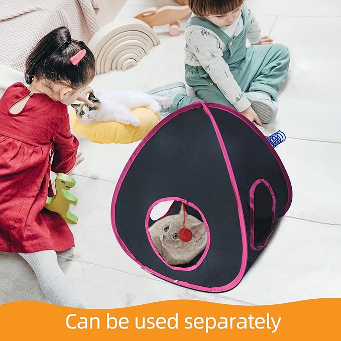 Cat Tunnels for Indoor Cats with Cube Tent Toys Combo, Pop Up Collapsible Crinkle Interactive Peek Hole, Cat Tube with Play Ball,Bell and Cat Spring Toys for Kitten, Puppy, Kitty, Rabbit - Set of 3