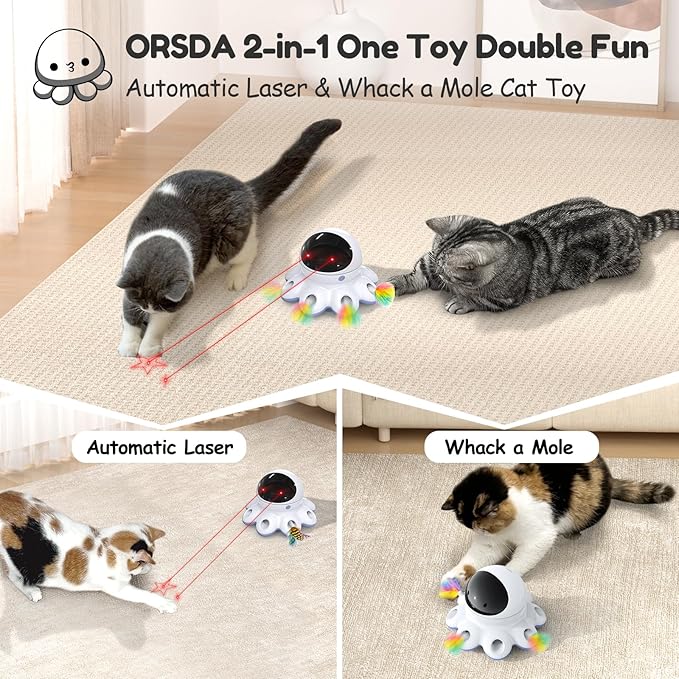 ORSDA 2-in-1 Cat Laser Toy, Automatic Cat Toys for Indoor Cats, Laser Interactive Cat Toy, 8 Holes Mice Whack A Mole Moving Feather, USB Rechargeable Electronic Kitten Toys