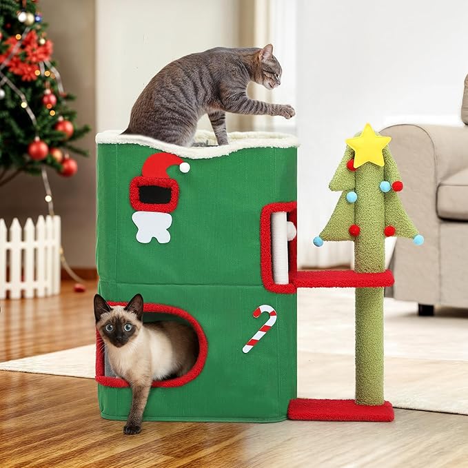 YITAHOME Christmas 2-Tier Cat House, Indoor Cat Cave Bed Playhouse, Covered Cat Beds & Furniture with Scratch Pad and Hideaway Cave,Christmas Cute Modern Cat Condo Furniture for Multi Small Cats