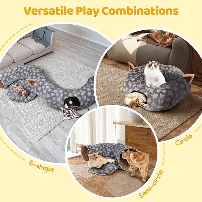 Cat Bed Tunnel Tree Skirt, Round Cave Donut Play Tunnels for Indoor Cats Large, 2 in 1 Soft Plush Mat and S Shape Collapsible Circle Tube with Zippers Hanging Ball Toy