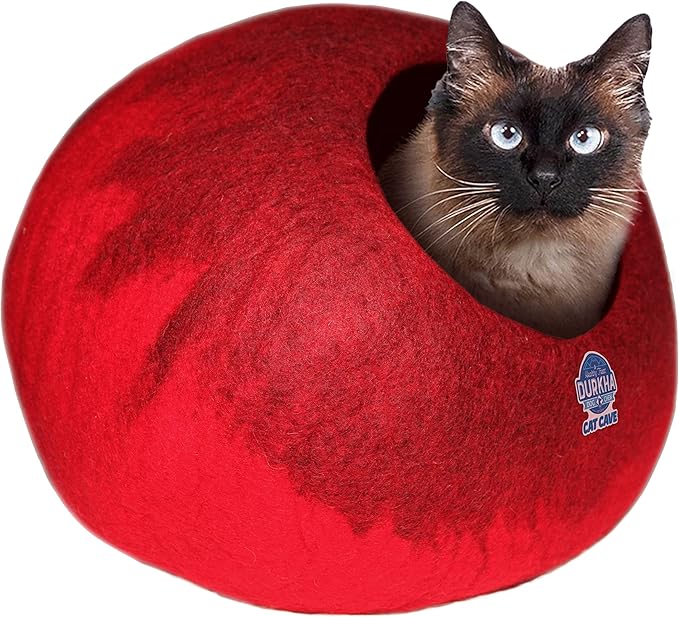 Felt Cat Cave Bed, Handmade Covered Cat Bed Cave, Wooly Cave for Cats, Dome Shaped Cat Pod, Cat Beds & Furniture, Felt Cat Beds for Indoor Cats (Red and Burgundy)