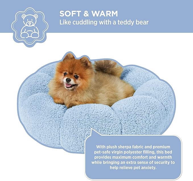 Lesure Calming Small Dog Bed - Flower Donut Round Fluffy Puppy Bed in Plush Teddy Sherpa, Non-Slip Cute Flower Cat Beds for Indoor Cats, Small Pet Bed Fits up to 25 lbs, Machine Washable, Blue 23"