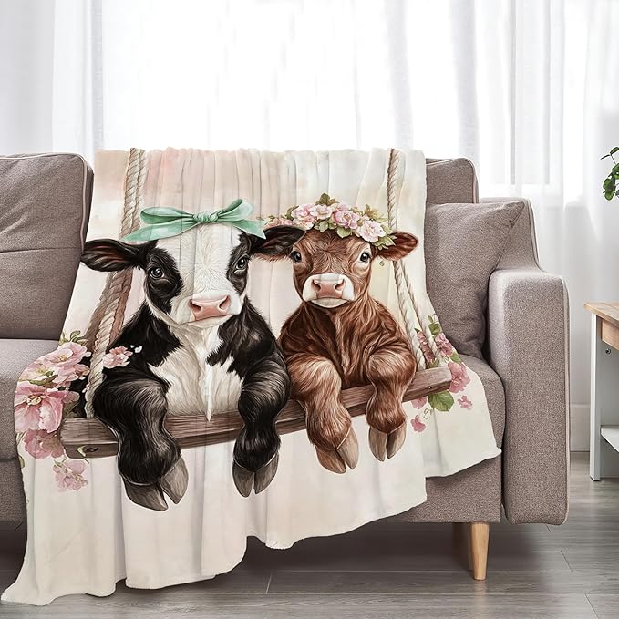 Cute Ultra Soft Cozy Swing Blanket - Fleece Fuzzy Plush Cattle Cow Lovers Decor Gifts for Women Girls Adults - 50"x40"
