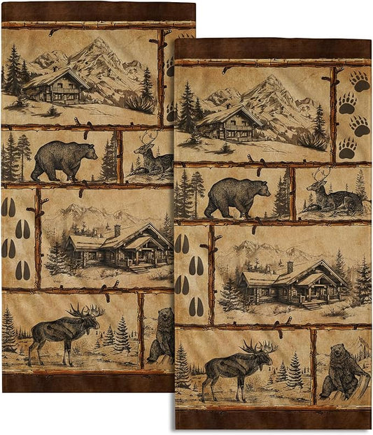 Giwawa Vintage Bear Deer Hand Towels Set of 2 Forest Cabin Face Bath Fingertip Towel Soft Absorbent Dish Wash Cloth Kitchen Bathroom Home Decor