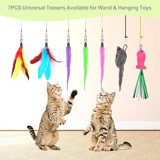 Cat Toys Interactive for Indoor Cats, 2 Retractable Cat Wand Toys, 2 Hanging Door Cat Toy with Mouse Fish, 5 Teaser Toys, Cat Feather Toys for Bored Indoor Adult Cats Kitten Stimulation Exercise Toys