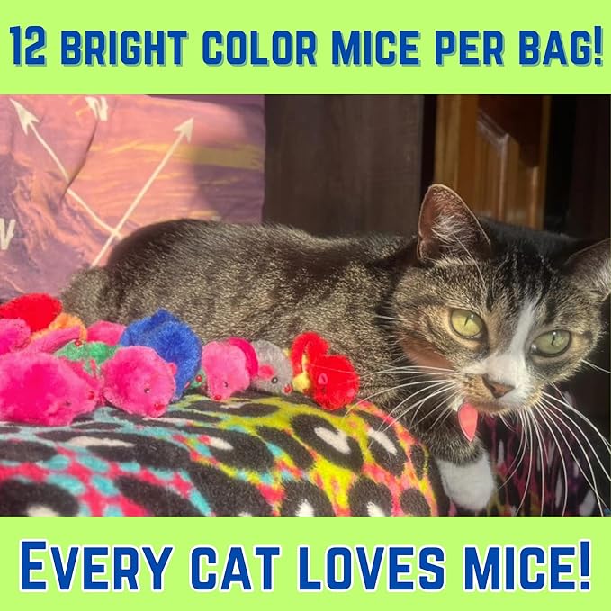 Smokey's Stash Faux Fur Cat Mice Toy 12 Per Pack Multi Color Realistic Small Mouse with Rattle and Catnip Safe for Adult Cats and Kittens 5.5 inches Long