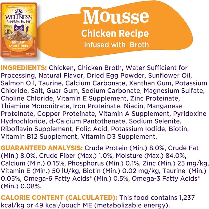 Wellness® Appetizing Entrées™ Mousse Chicken Recipe Infused with Broth Natural Wet Cat Food, 1.4 oz Pouch (Pack of 8)