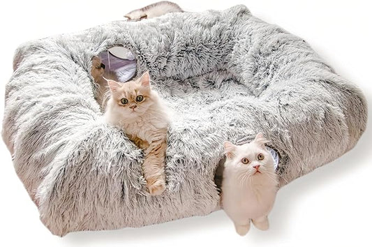 XxingSheep 4 Cave Shuttled XL Cat Tunnel Bed for Indoor Cats Peekaboo Toy Donut with Warm Mat